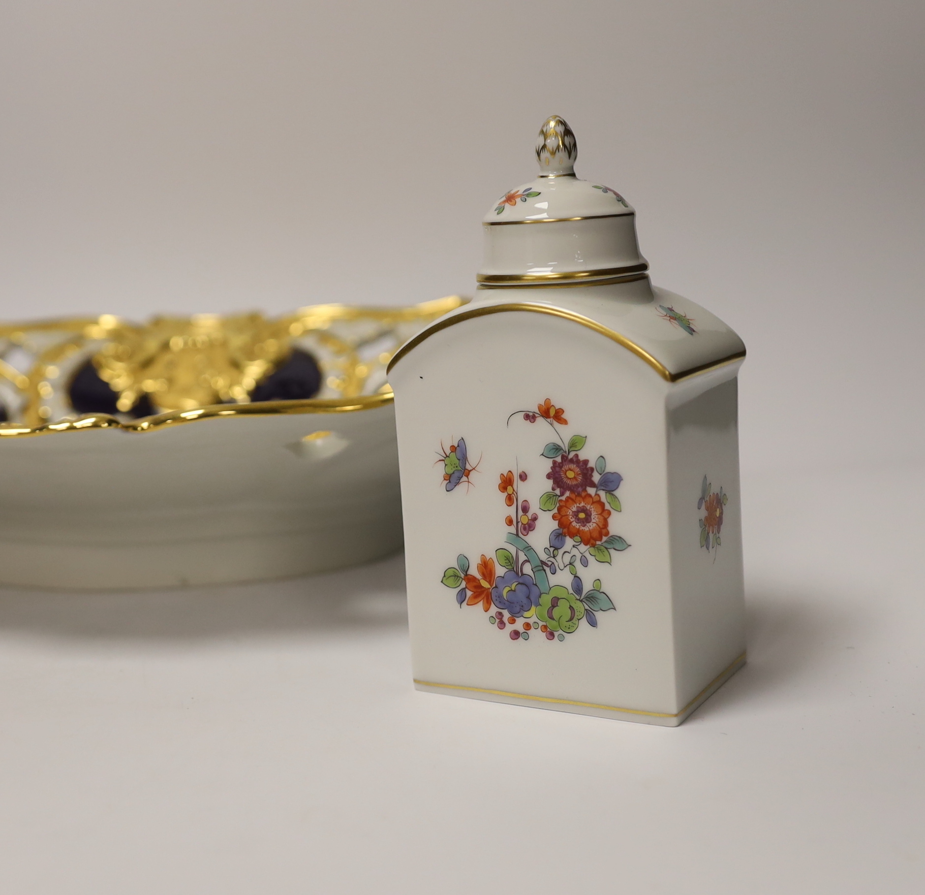 A Meissen gilt and blue glazed dish together with a similar floral caddy and box and cover, dish 33cm